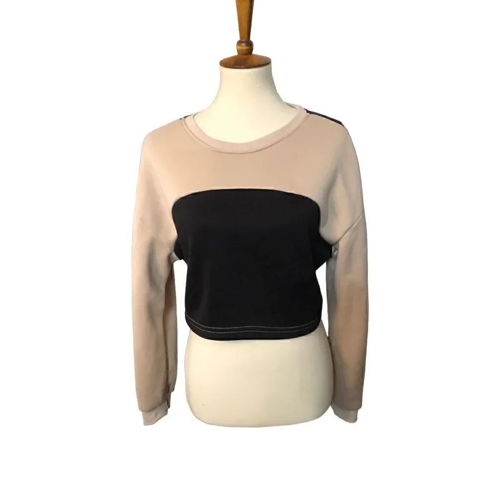 Shein black and tan color block fleece cropped long sleeve sweatshirt